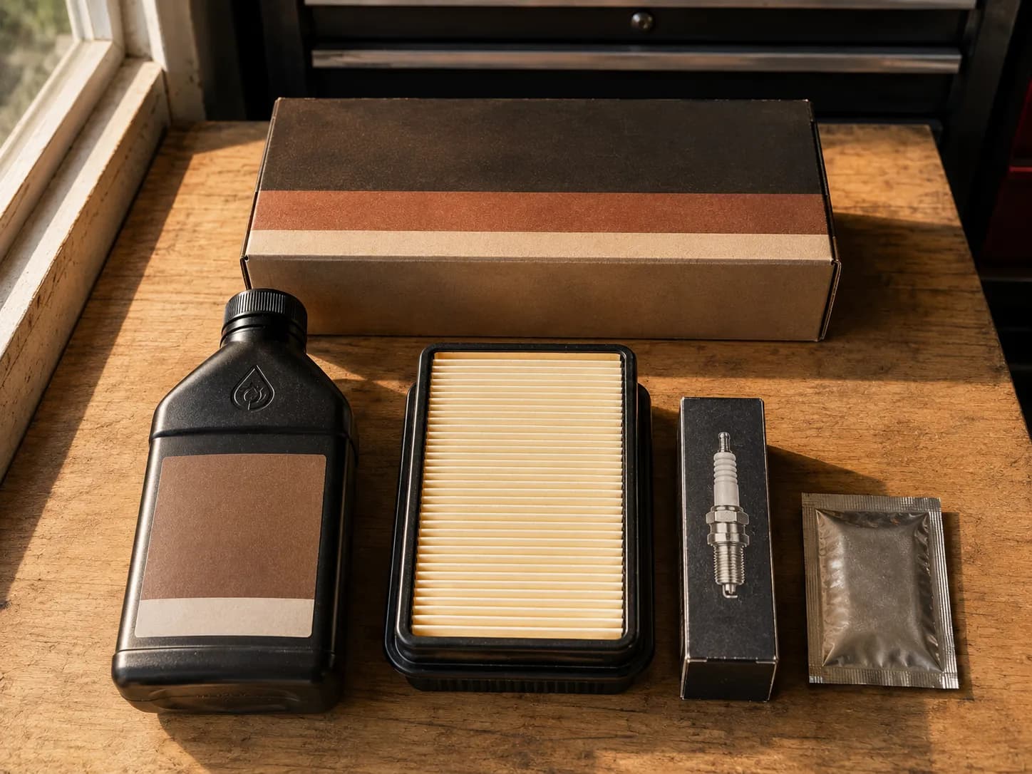 Four-part push mower maintenance kit with oil bottle, air filter, spark plug and treatment sachet arranged on a wooden workbench.