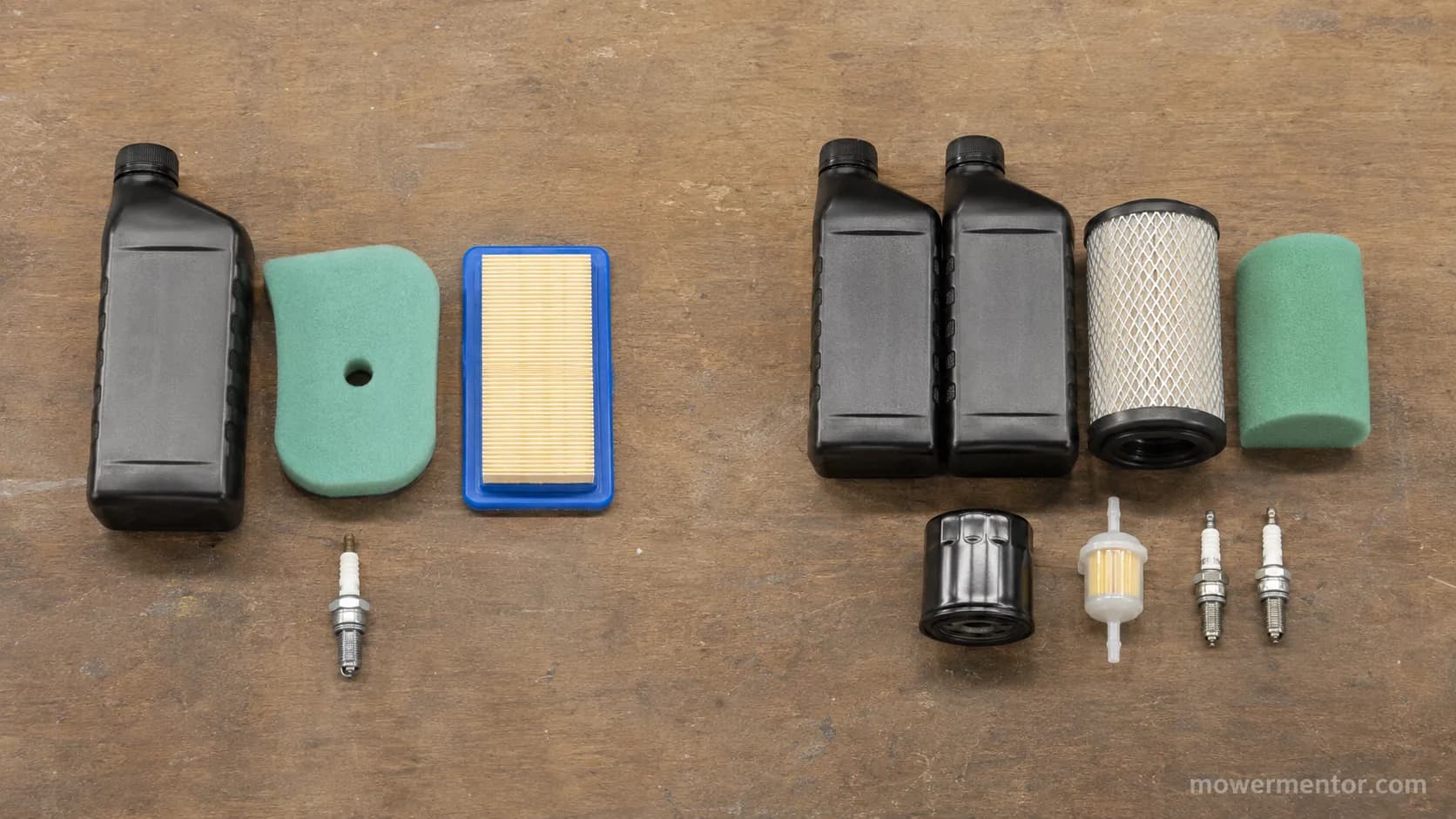 Push mower maintenance kit beside a riding mower maintenance kit, showing differences in oil, air, fuel filters and spark plugs on a workbench.