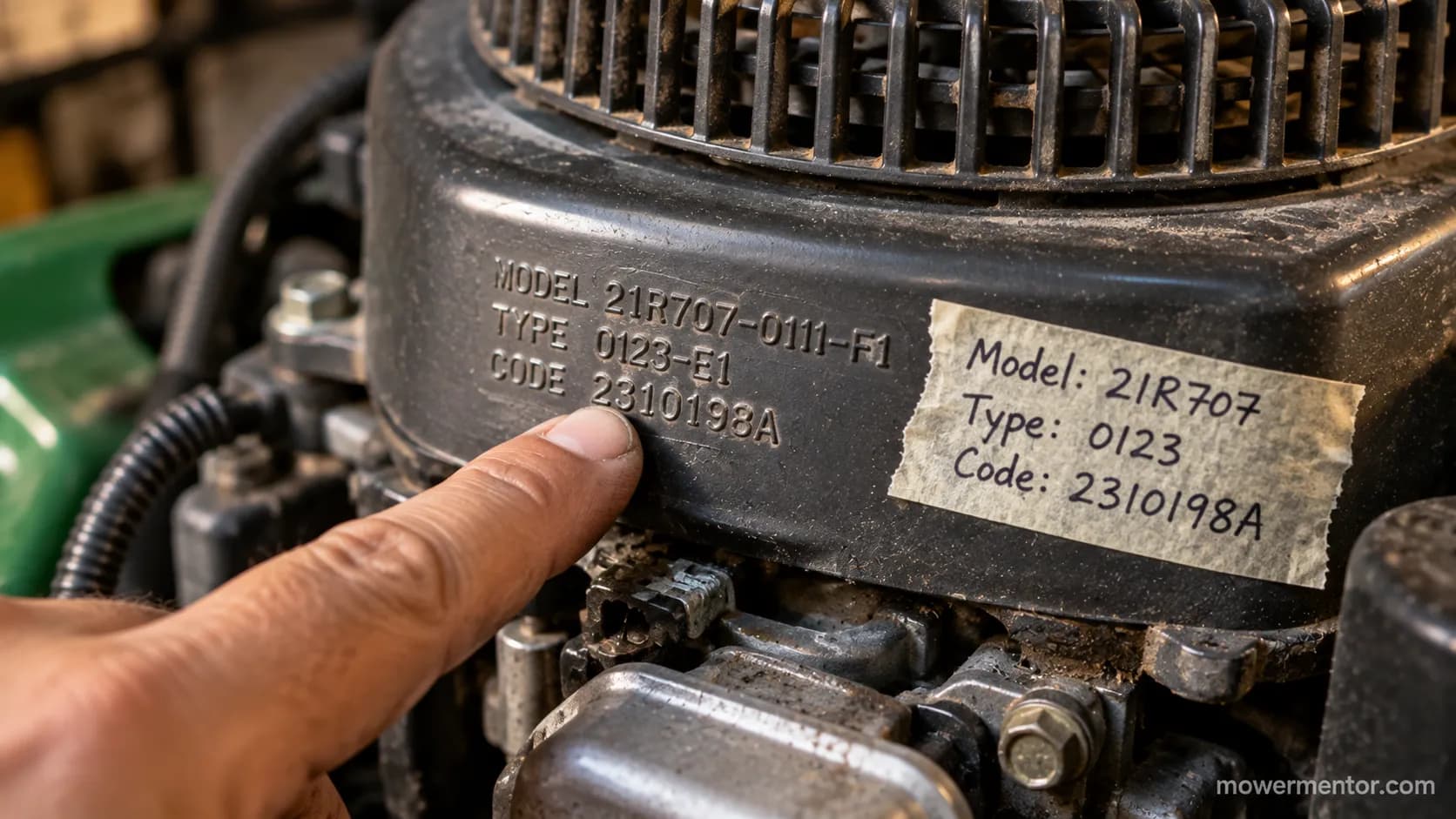 Reading a Briggs engine model type code stamp to find the starter part number