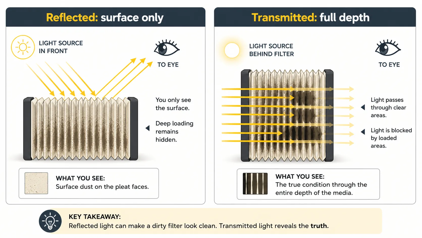 Technical illustration comparing reflected & transmitted light inspection of a pleated air filter, showing how reflected light hide deep dirt while backlighting reveals the filter true internal load.
