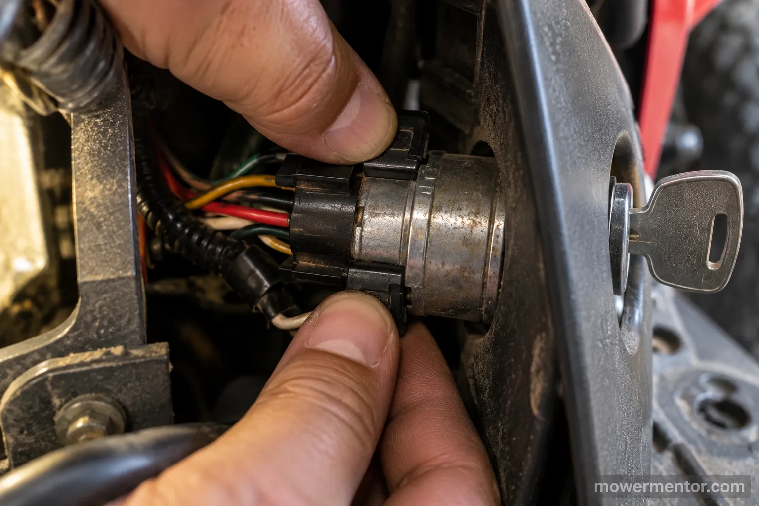 Hand pressing the locking tabs to remove a riding mower ignition switch.