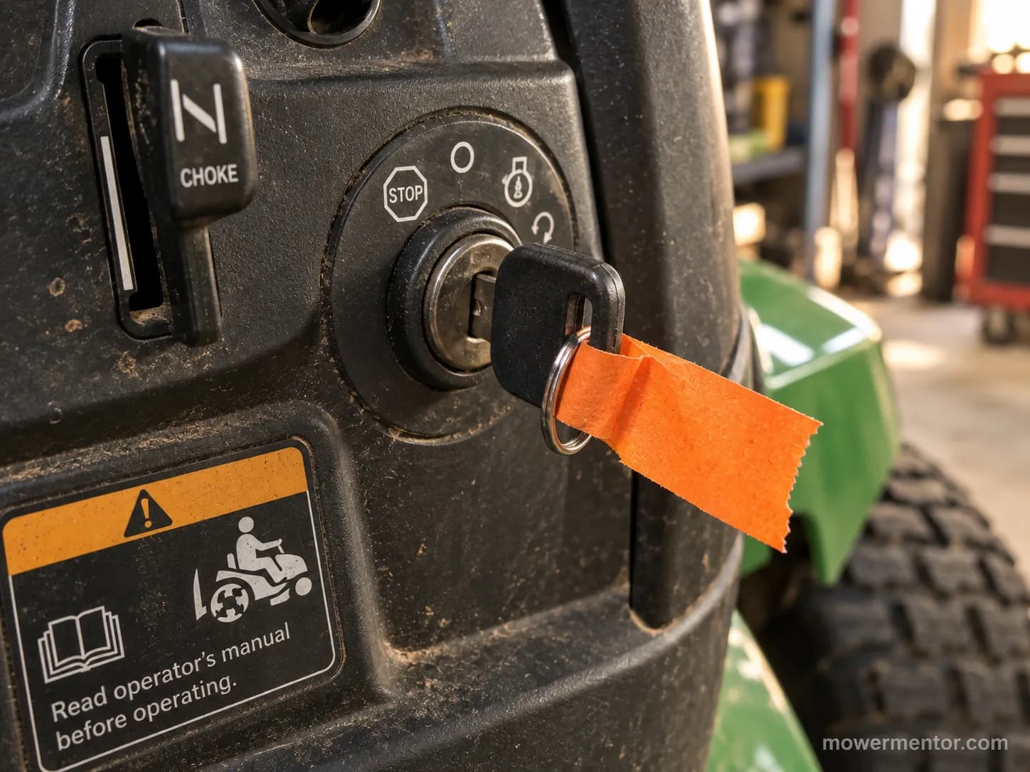 reminder tape on riding mower key to restore the seat safety switch before mowing