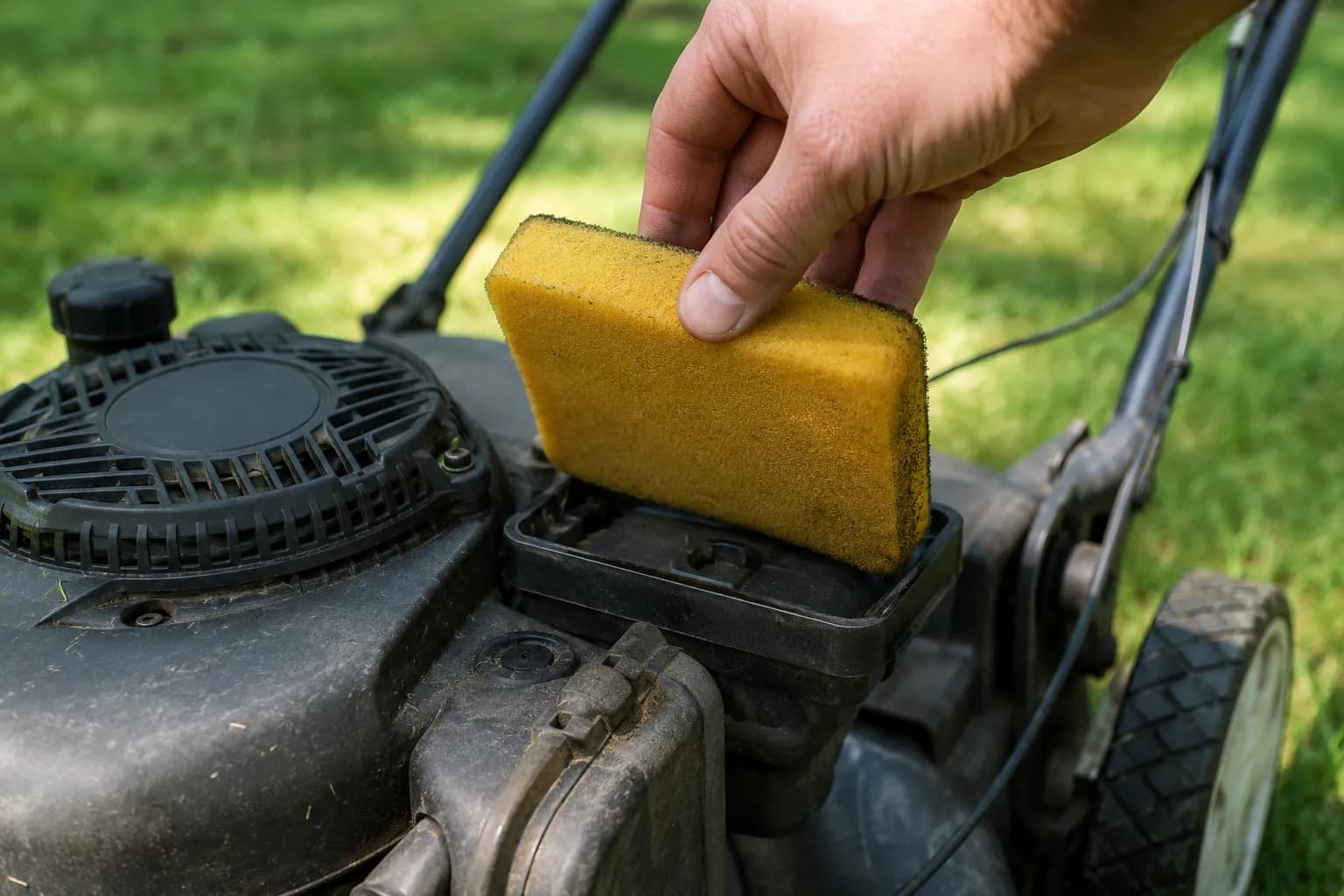 Hand lifting the yellow foam air filter from a Briggs-powered Craftsman push mower engine during routine lawn mower air filter maintenance.