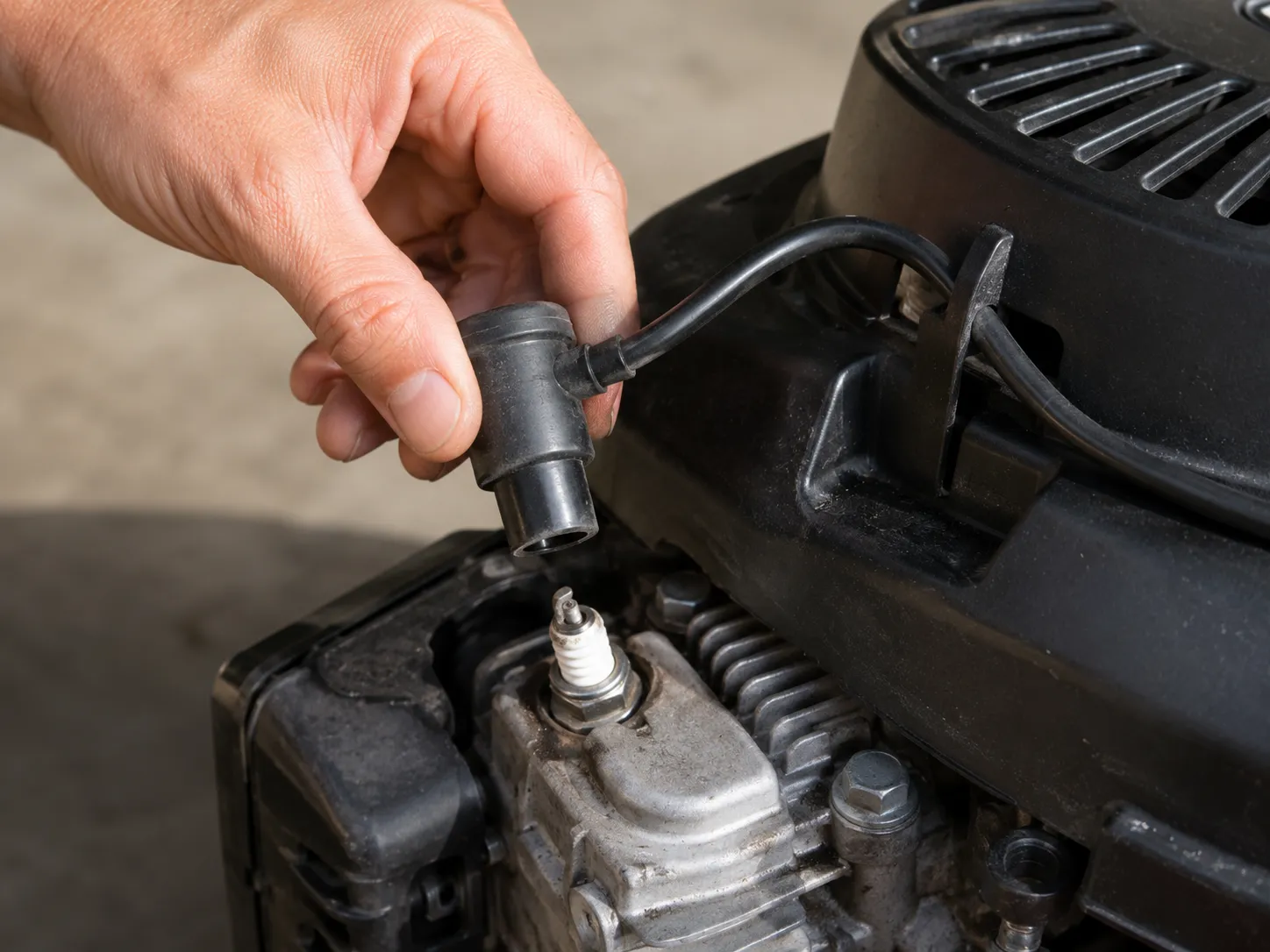 Hand pulling the rubber spark plug boot straight off a lawn mower engine while keeping the ignition lead clear, demonstrating the correct way to disconnect the spark plug without damaging the wire.