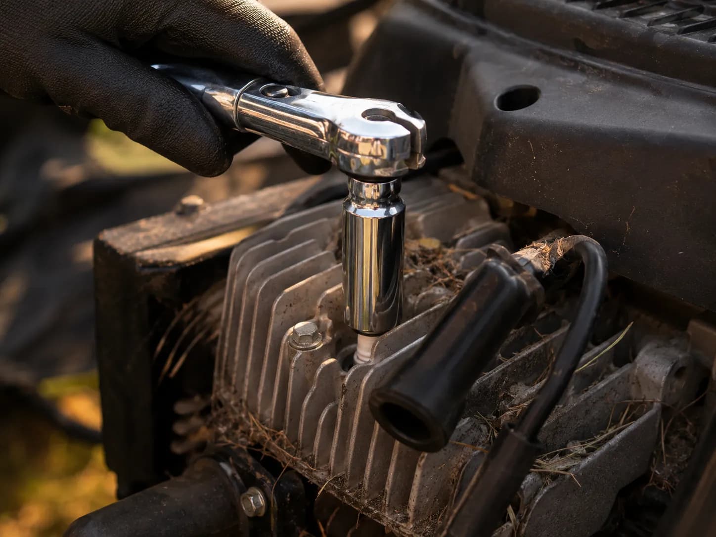 Gloved hand loosening a lawn mower spark plug with a chrome ratchet & deep spark plug socket on an air-cooled engine, with the ignition boot pulled aside & light grass debris around the cylinder head.