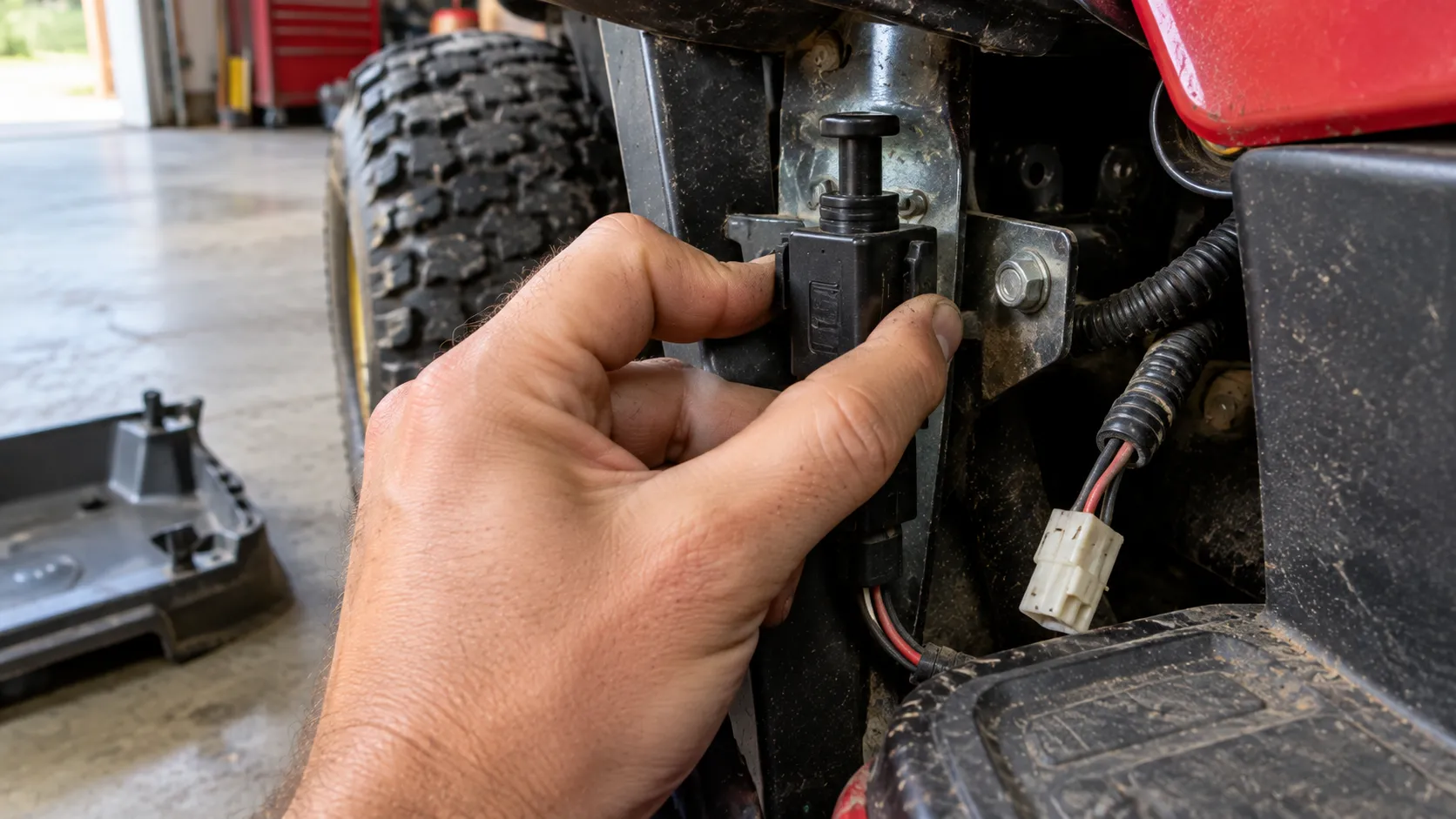 Hand squeezing the mounting tabs to remove a riding mower brake safety switch