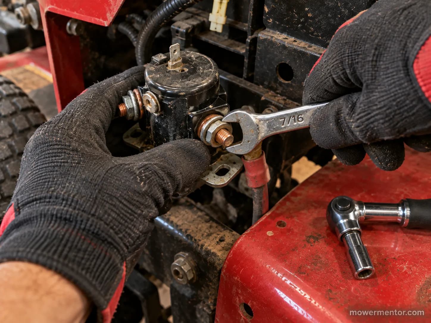 Hands using a wrench to remove the old starter solenoid from a lawn mower
