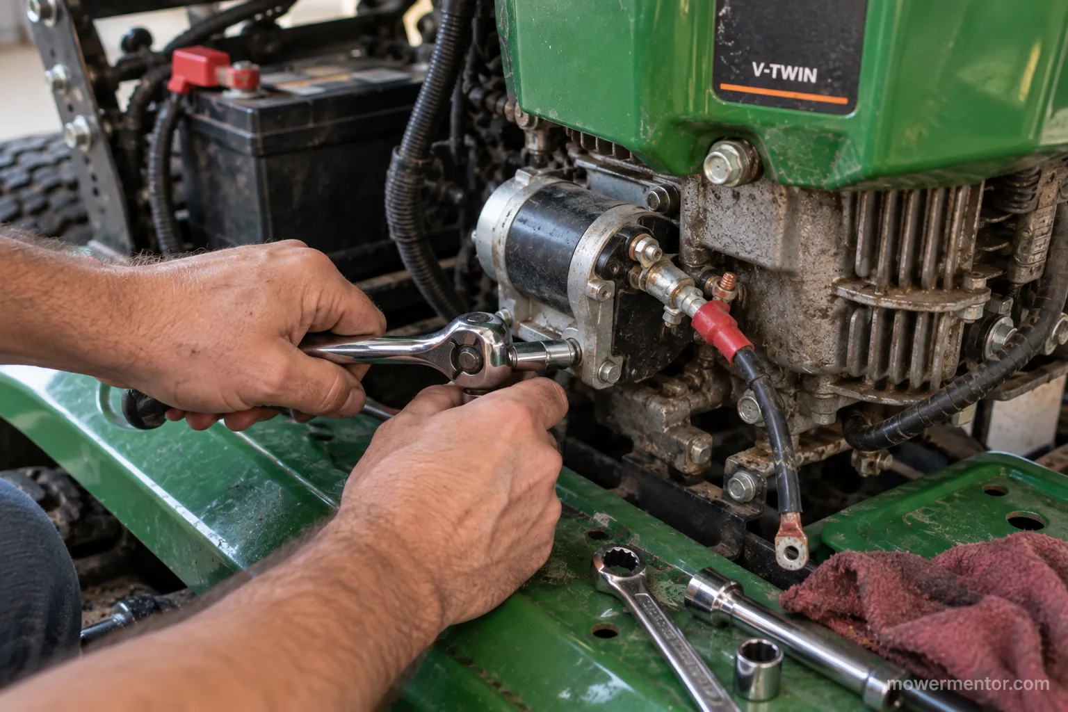 removing the starter on a Husqvarna riding mower with a socket wrench