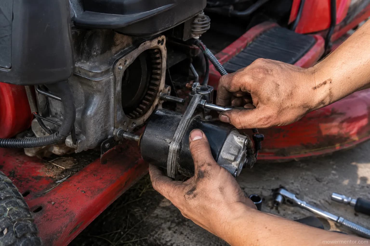 Replacing the starter on a Craftsman riding mower step by step.