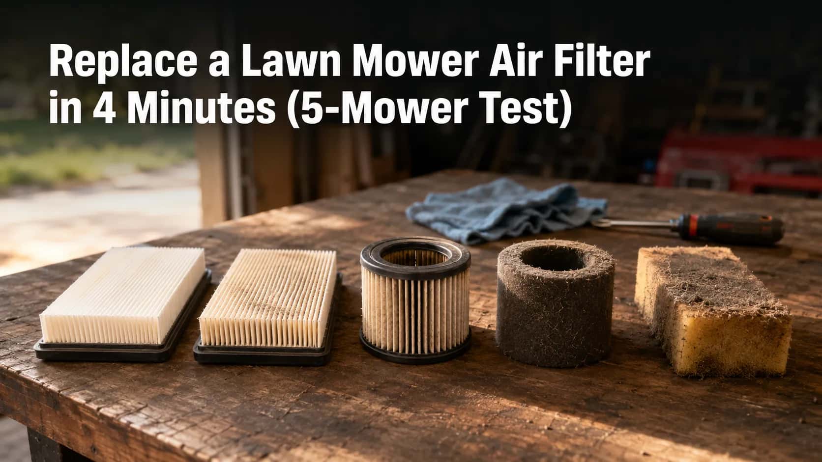 Five used lawn mower air filters arranged from clean to heavily clogged on a wooden workbench, comparing paper and foam filter types before replacement during a 5-mower maintenance test.