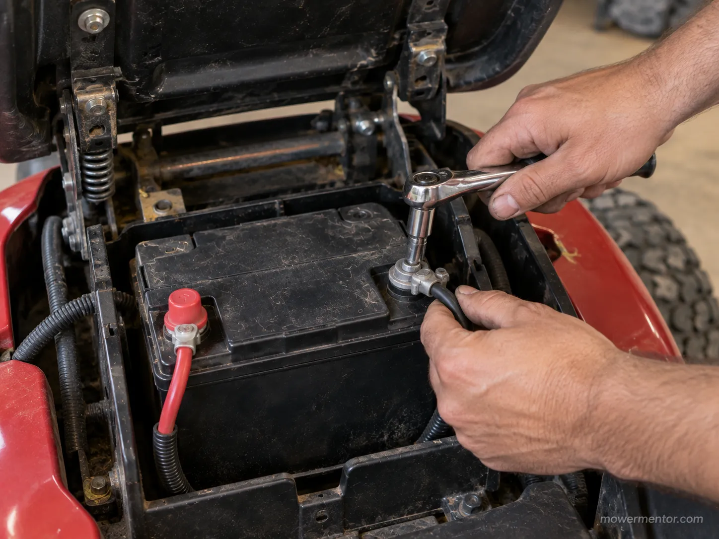 Disconnecting the negative cable first while replacing a Murray riding mower battery.