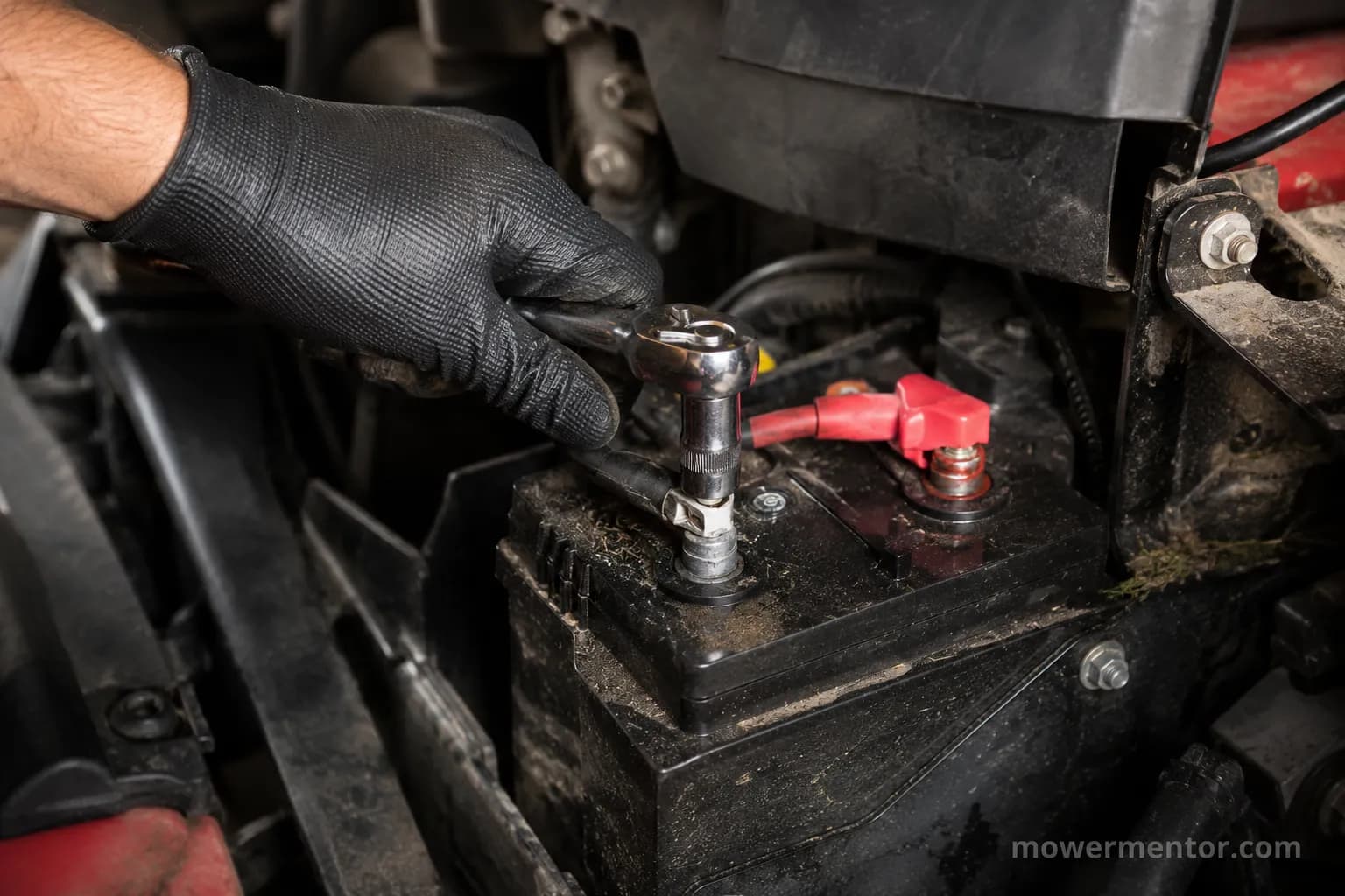 disconnecting the negative cable to replace a riding mower battery cable