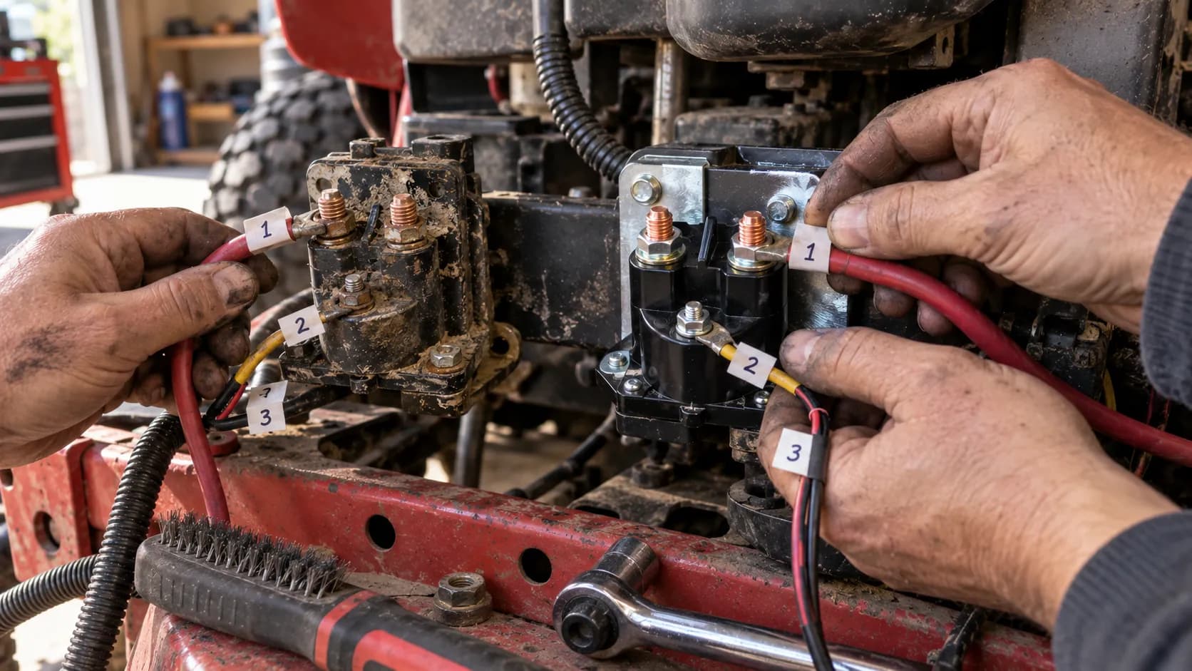 hands transferring tagged wires to a new lawn mower starter solenoid during replacement