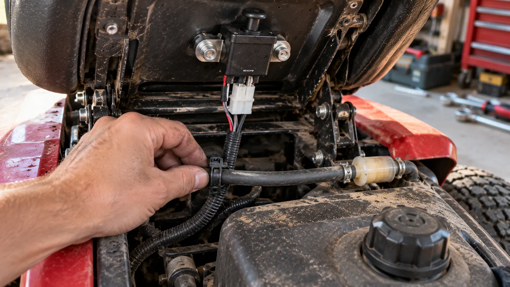 Replacing a riding mower seat safety switch and freeing the harness connector clip