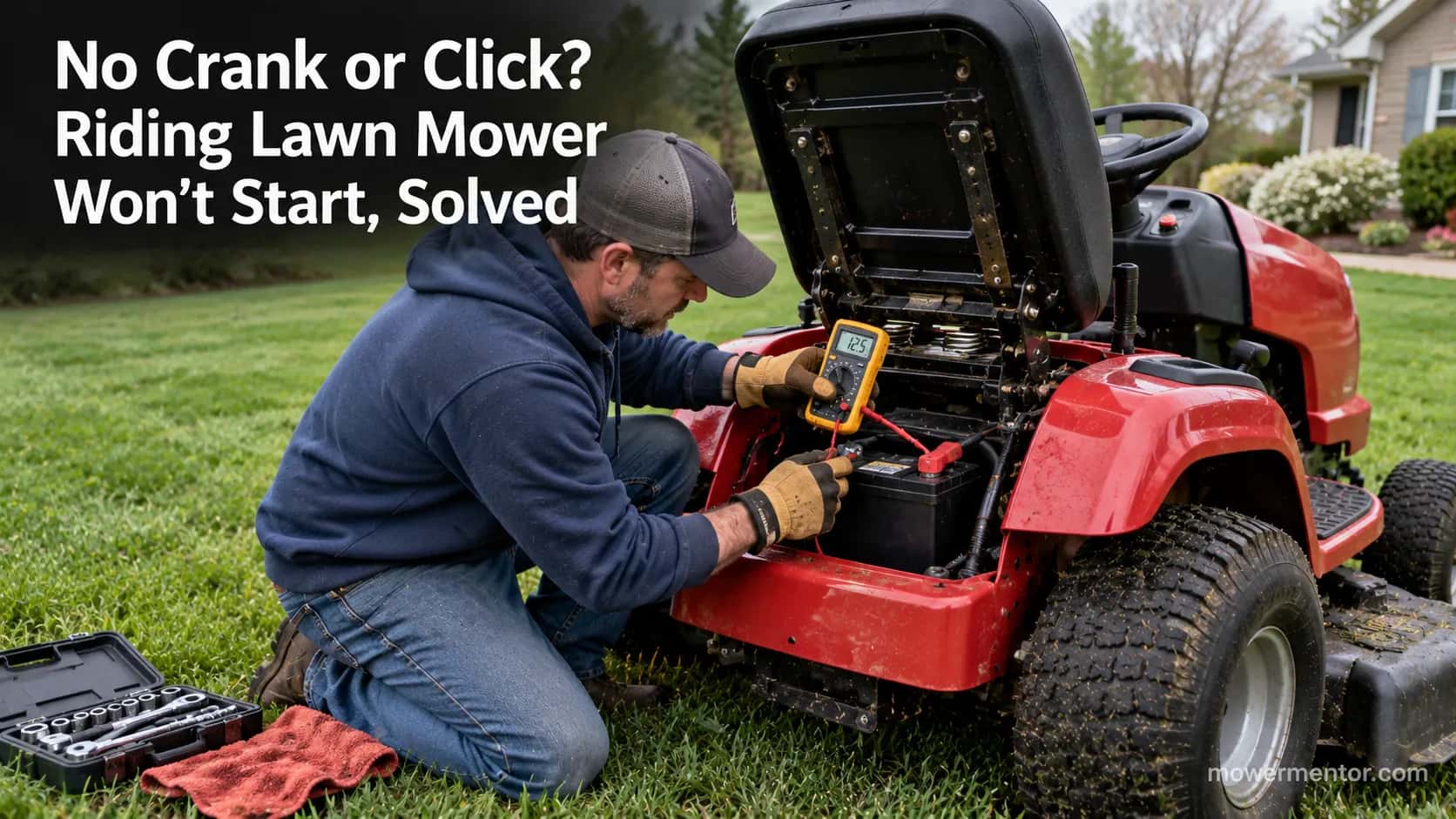 Person testing a riding lawn mower battery with a multimeter to diagnose why it won't start.