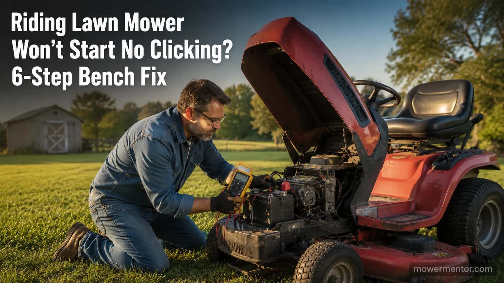 homeowner testing a dead riding lawn mower that won't start with no clicking using a multimeter