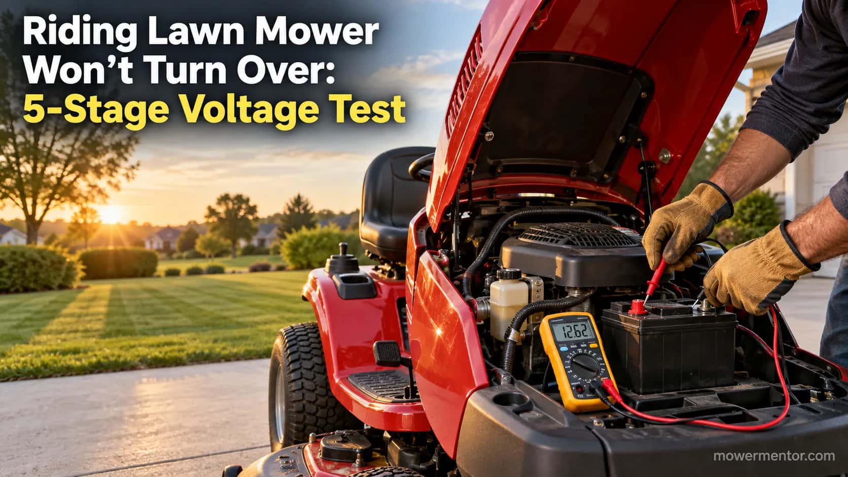 Diagnosing why a riding lawn mower won't turn over using a multimeter on the battery terminals.