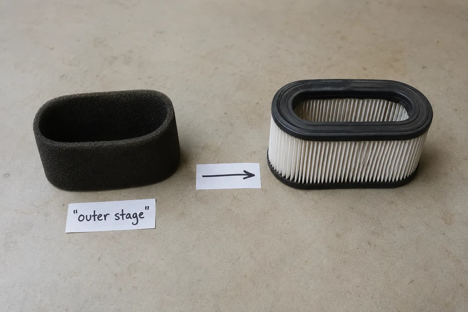Top-down view of a riding mower air filter cartridge and foam pre-cleaner sleeve laid out in assembly order on a workbench, with an arrow indicating the correct reassembly direction.