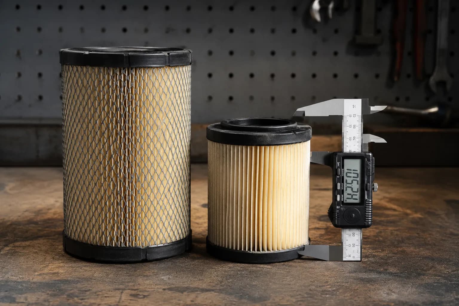 Two riding mower air filters of different heights standing side by side on a workbench, with a digital caliper measuring the height of the shorter filter to compare filter dimensions.