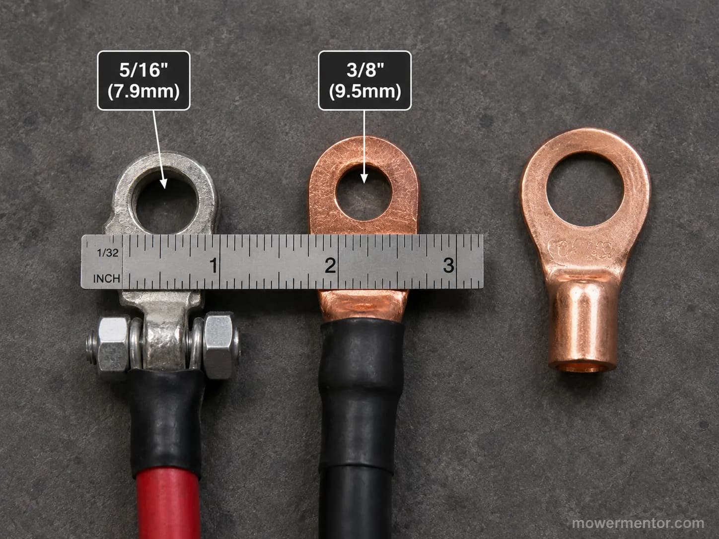 riding mower battery cable ends and terminal stud sizes labeled