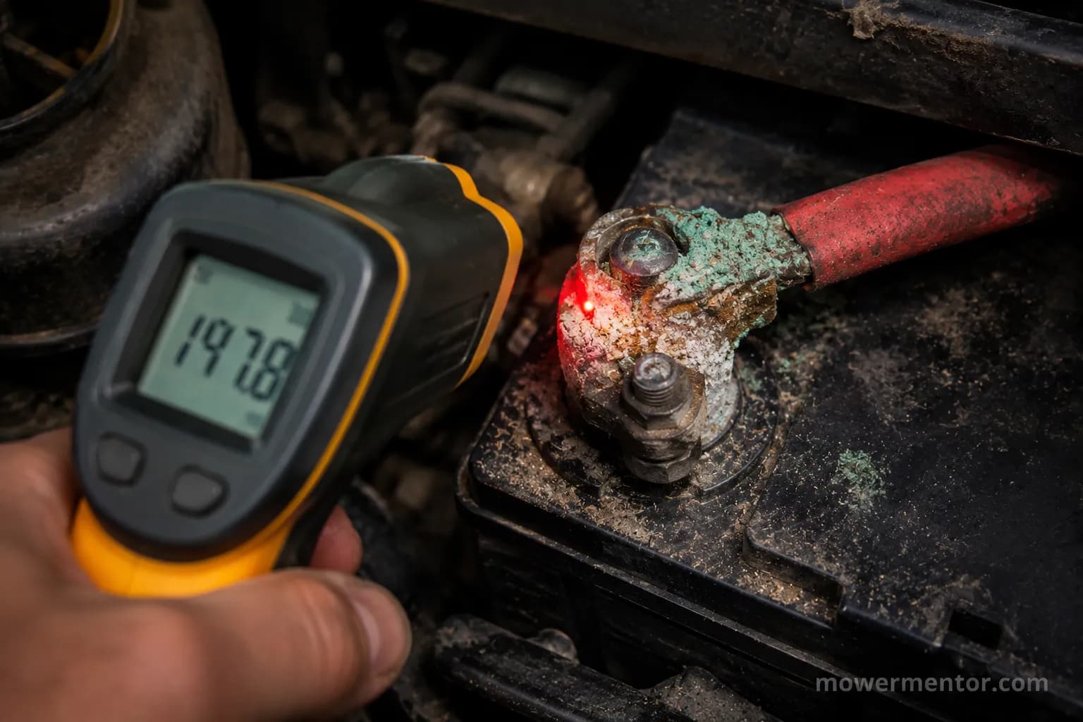 measuring the temperature of a hot riding mower battery cable terminal