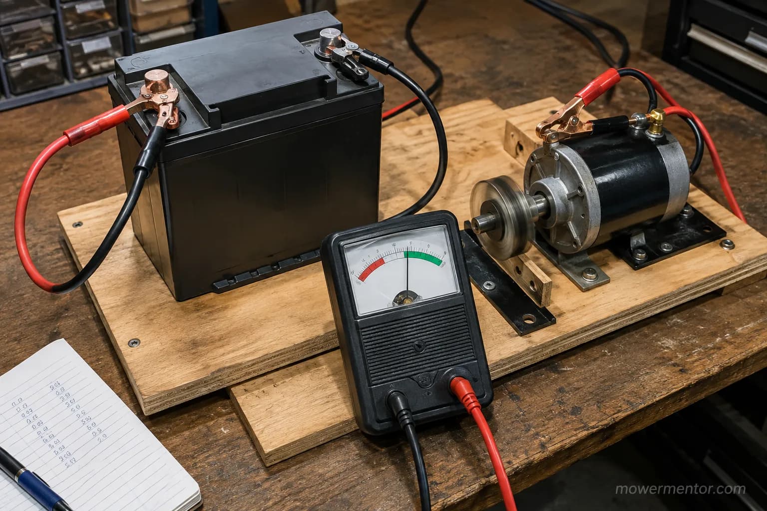 Riding mower battery crank test on a bench rig with a cranking-amp meter.