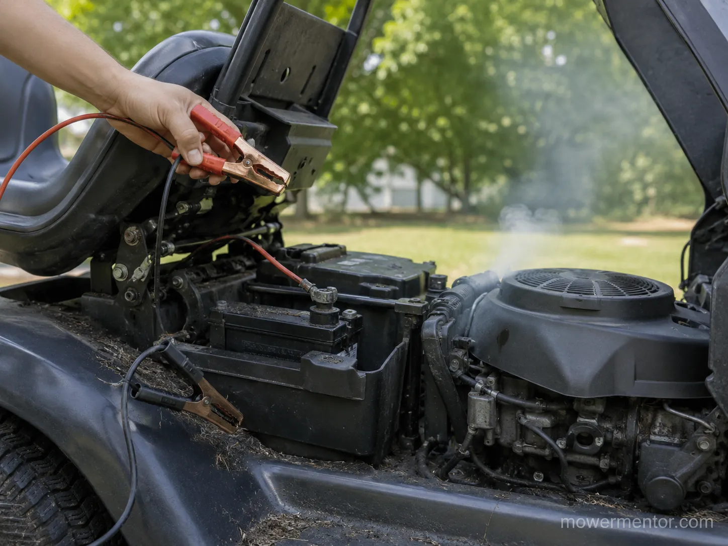 Riding mower with its battery disconnected stalling the moment jumper cables are removed.