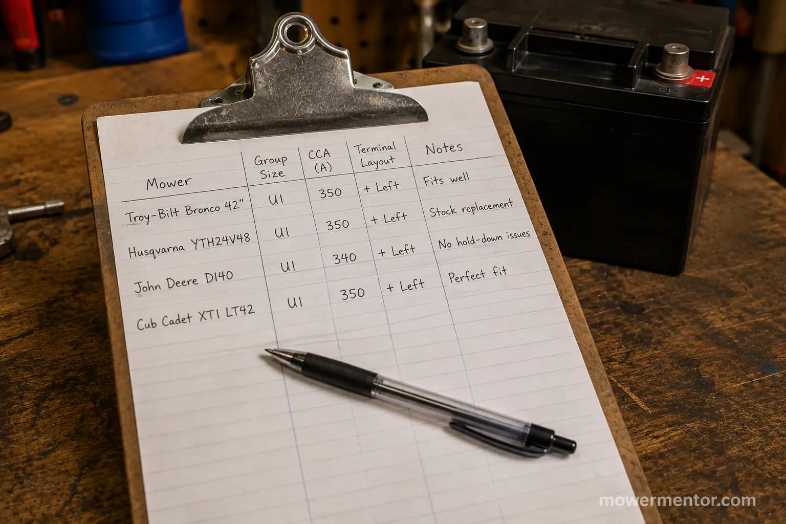 Handwritten riding lawn mower battery fitment log by brand on a garage bench.