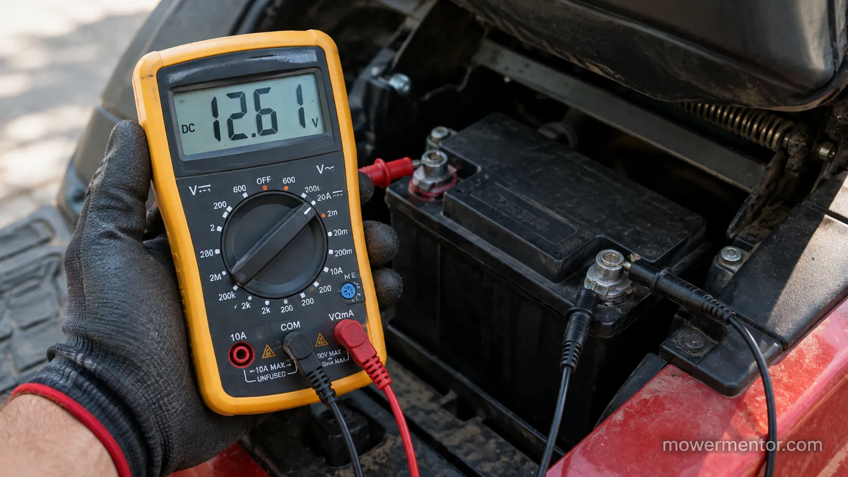 multimeter testing riding lawn mower battery voltage reading 12.6 volts