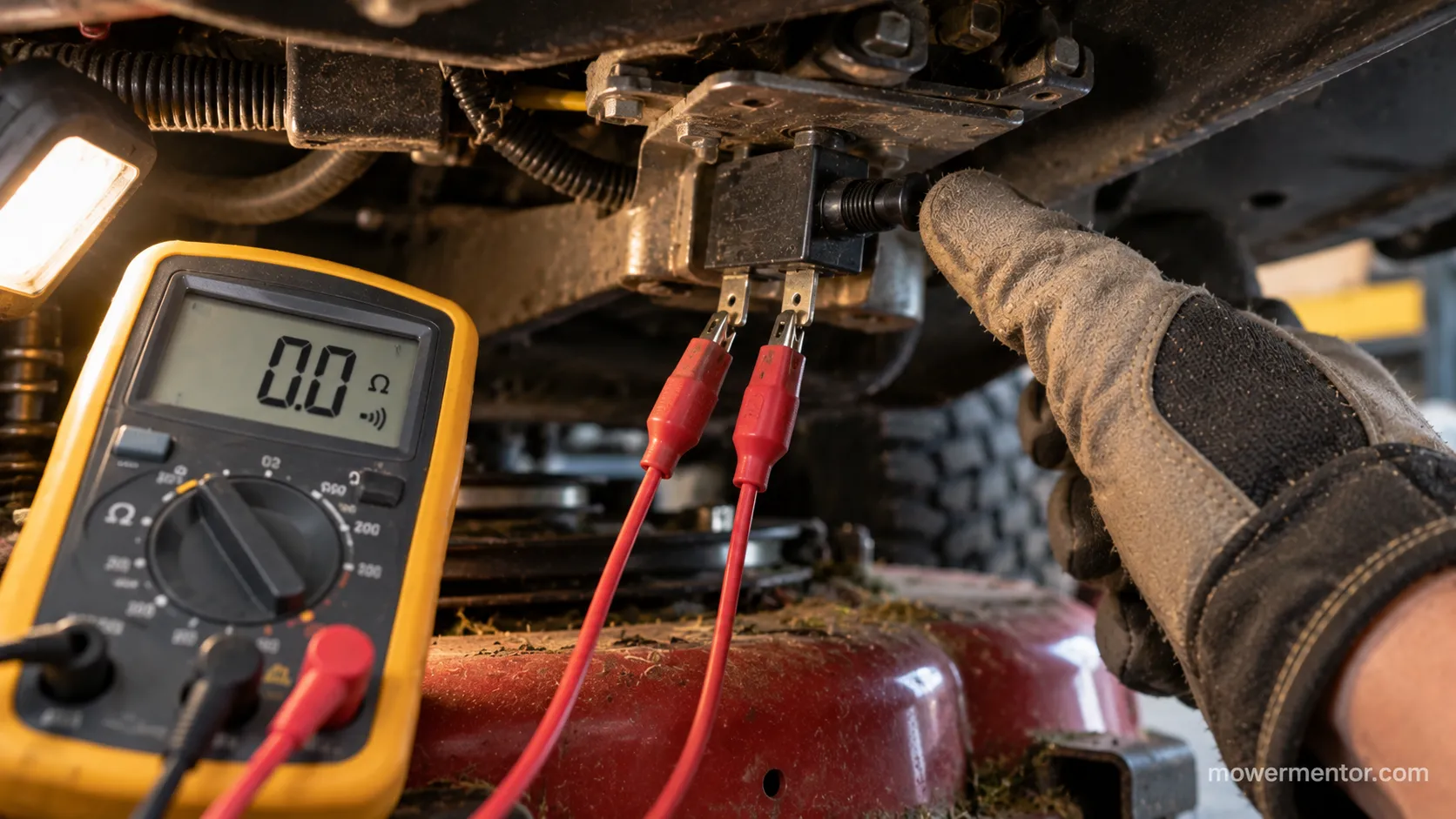 Testing a riding mower brake safety switch for continuity with a multimeter.