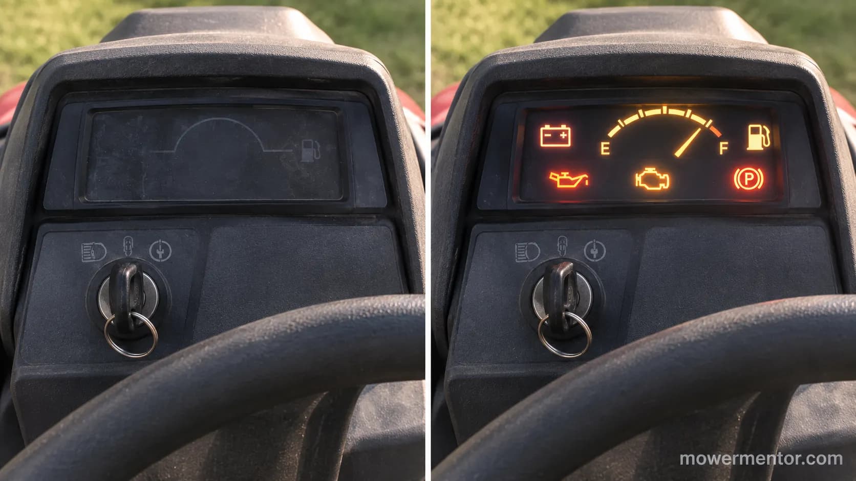 riding mower dash dark versus dash lights on with no click comparison