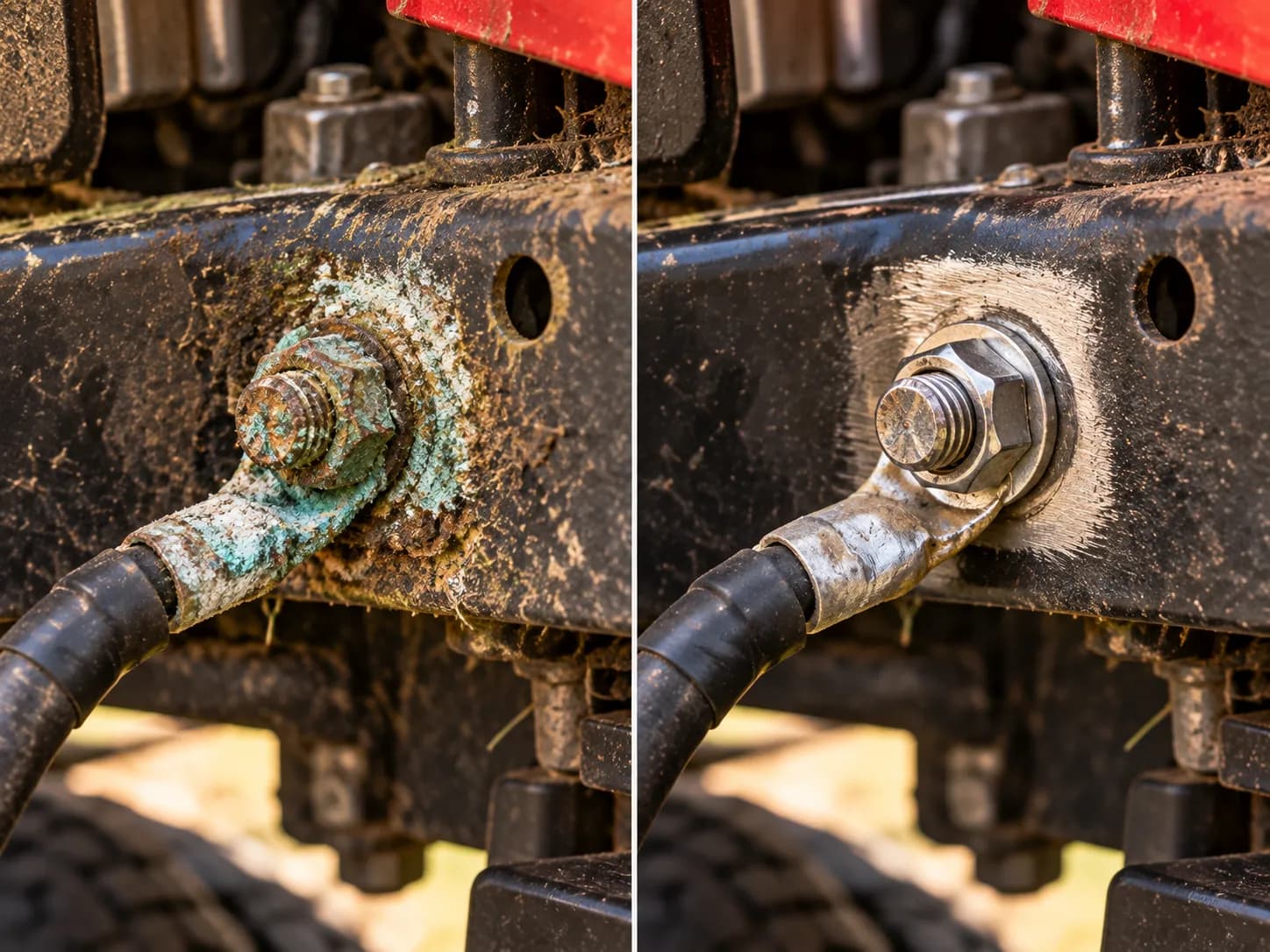 Corroded and cleaned riding mower frame ground bolt before and after