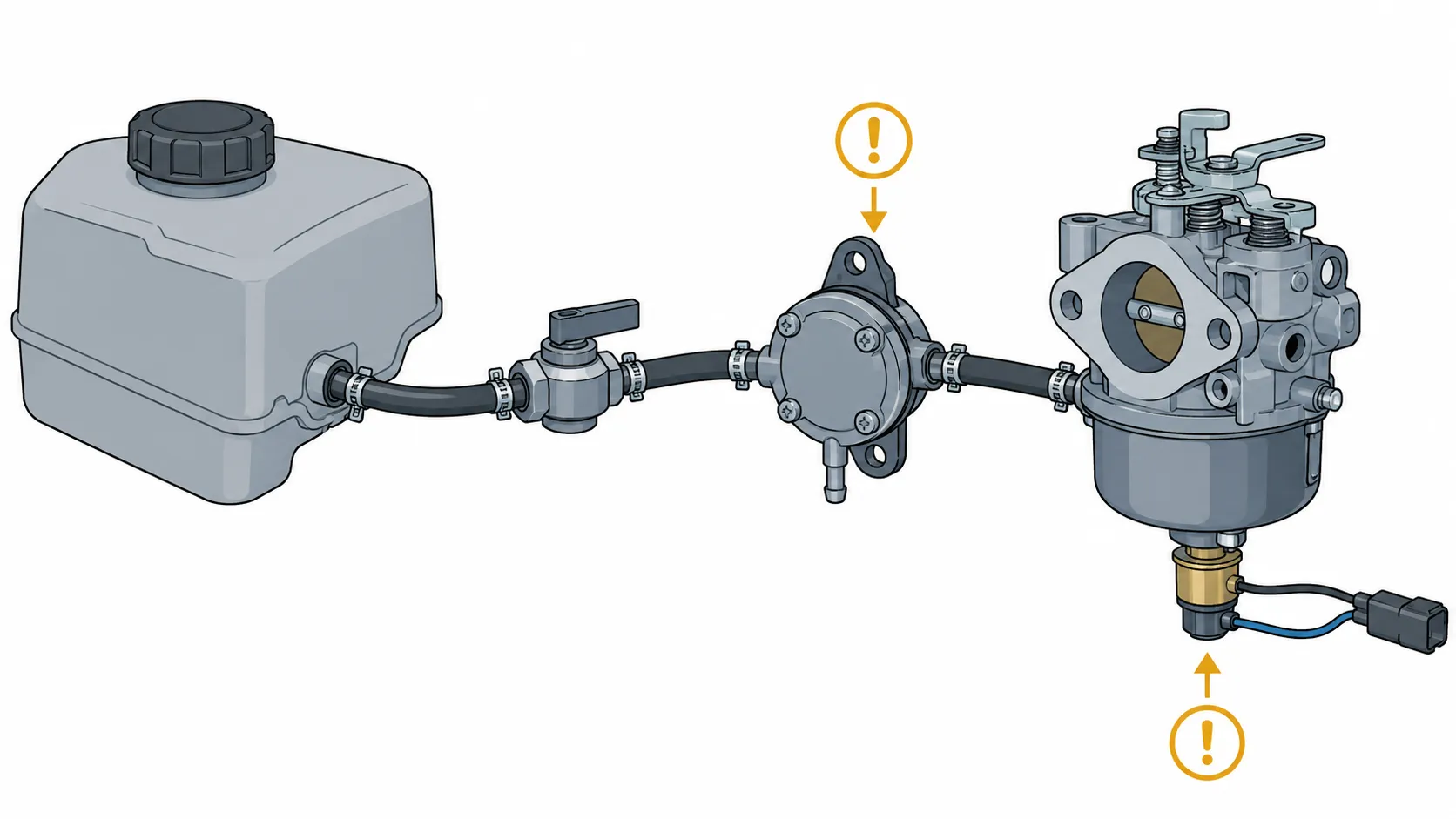 Technical diagram of a riding mower fuel system showing the fuel tank, shut-off valve, vacuum fuel pump, carburetor, and anti-afterfire solenoid with common fuel leak points highlighted.