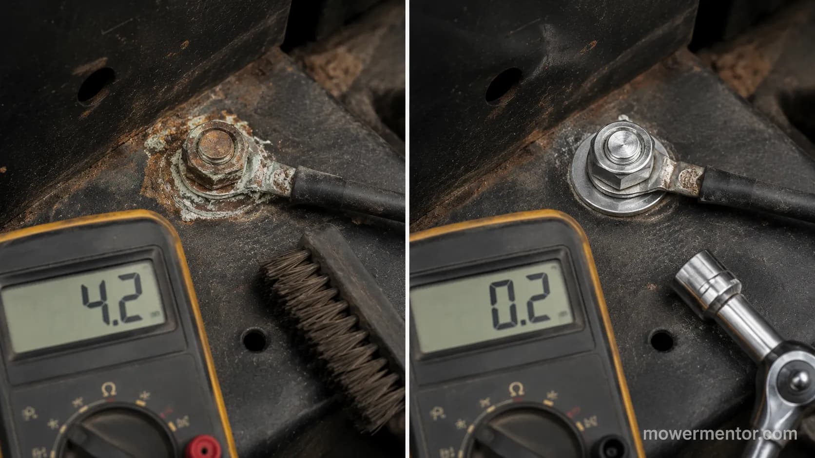 corroded riding mower ground bolt before and after cleaning with continuity test