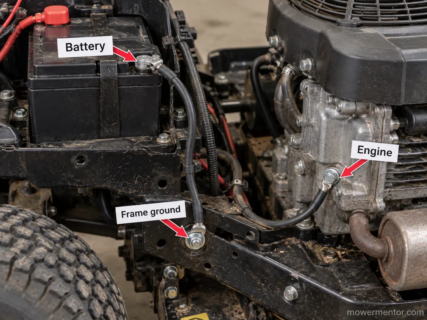 Riding mower ground wire path from battery to frame to engine