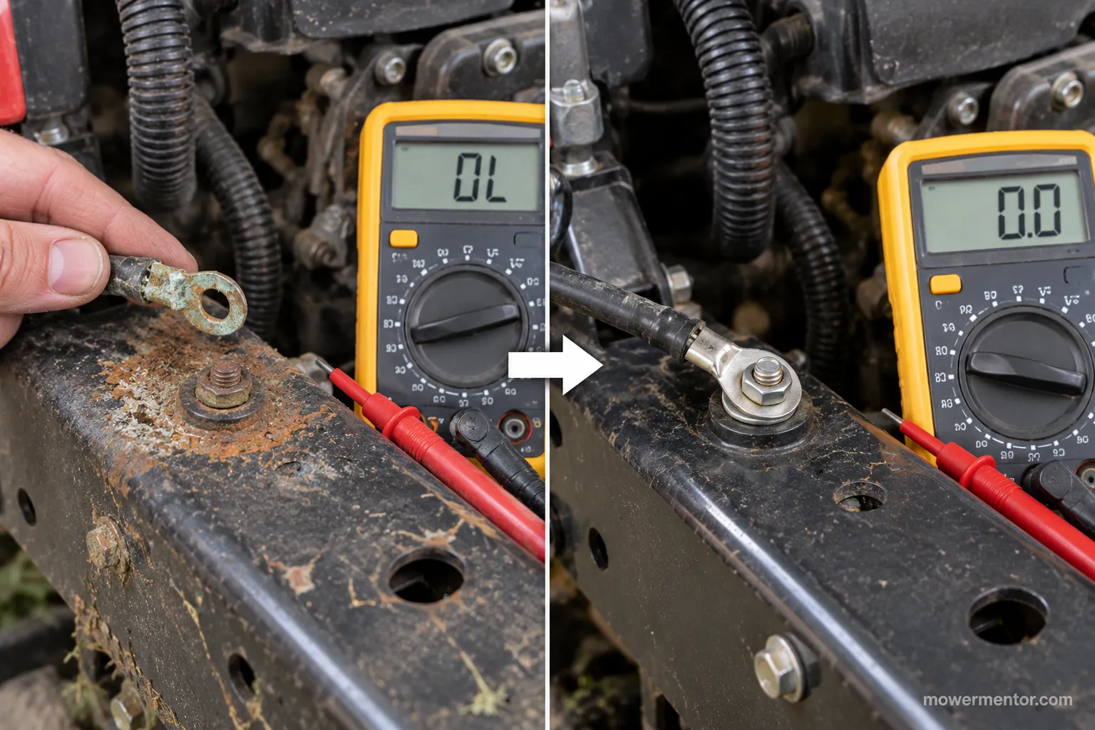 Broken riding mower ground wire before and after repair with continuity readings