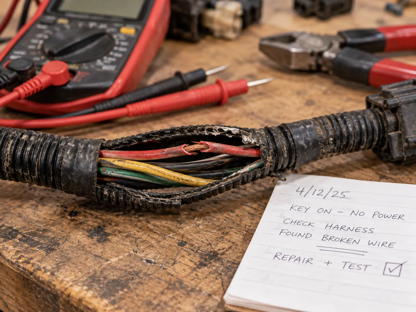 Opened riding mower wiring harness with a buried broken wire on a bench