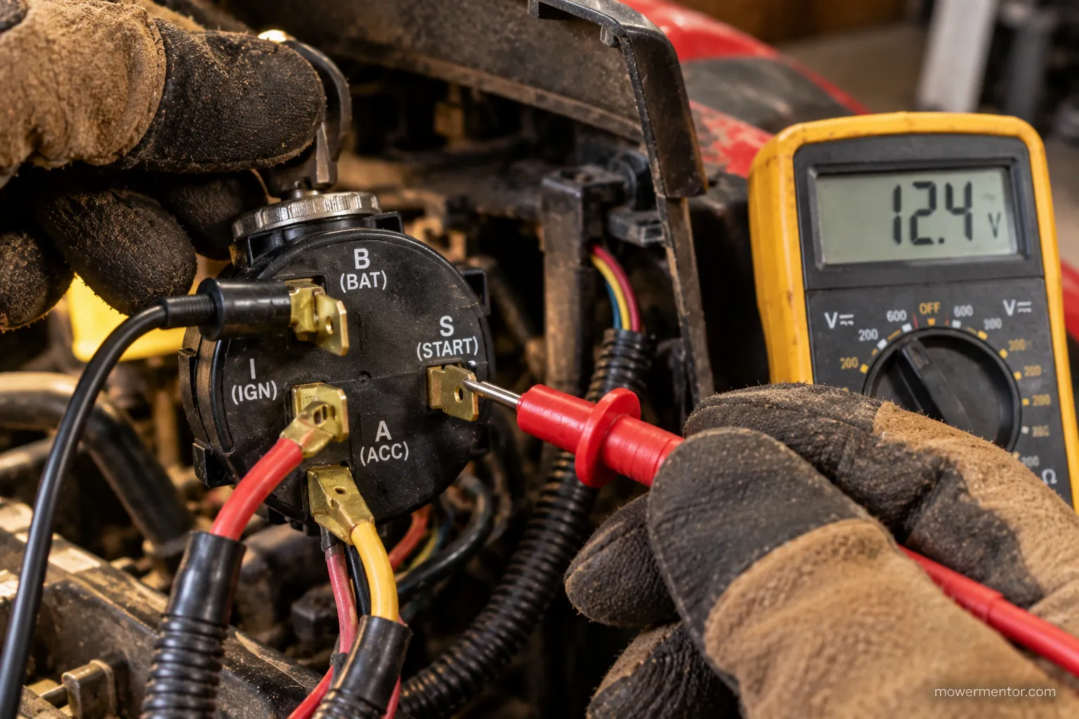 Testing a riding mower ignition switch start terminal with a multimeter.
