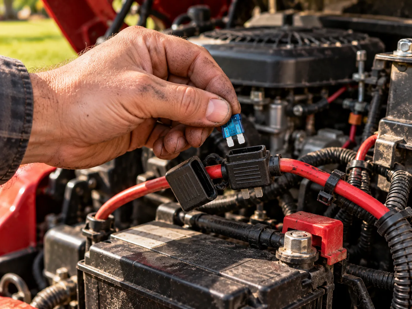 Hand pulling a hidden inline fuse from a riding mower red power wire