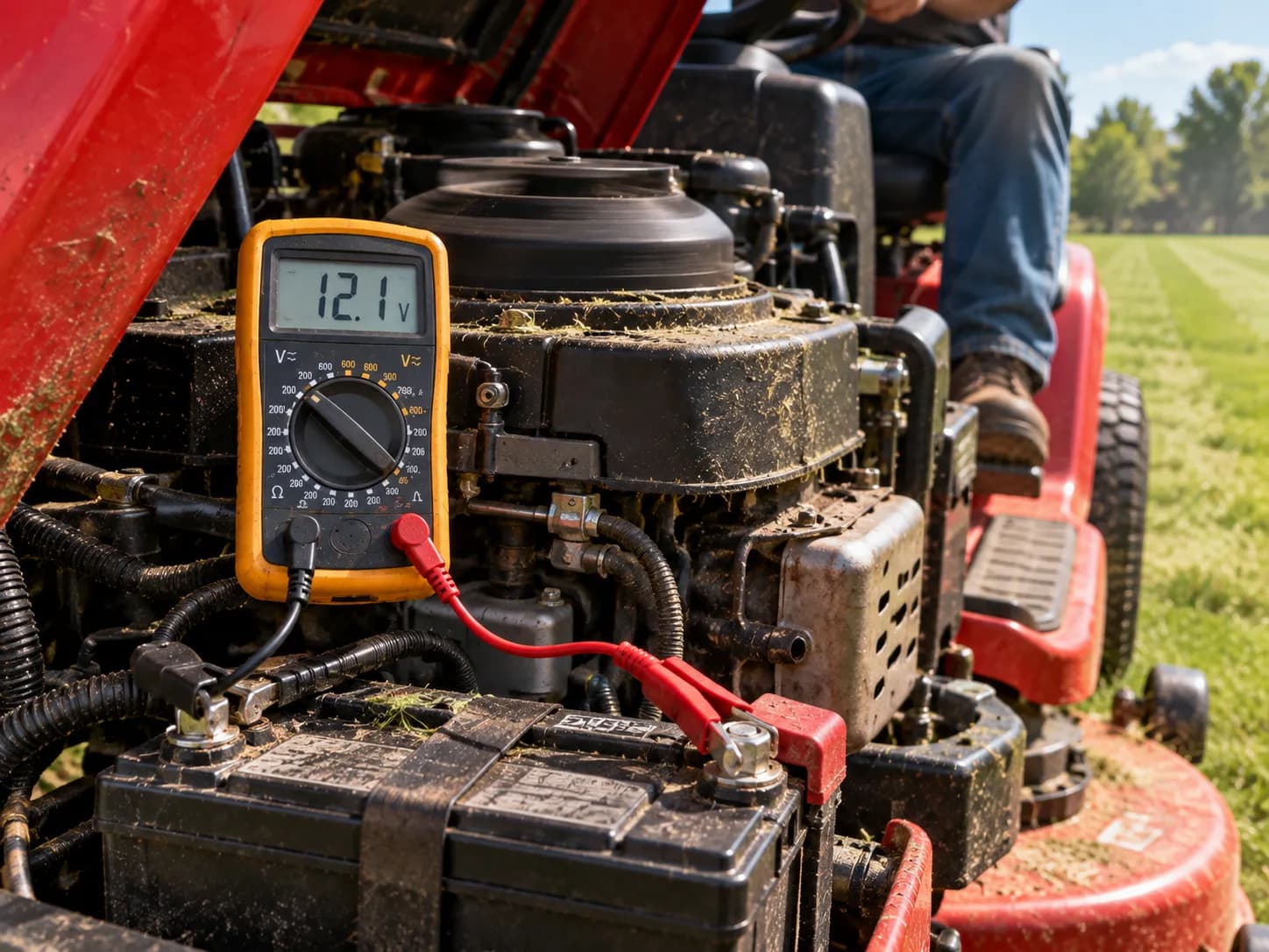 Multimeter showing low charging voltage on a running riding mower