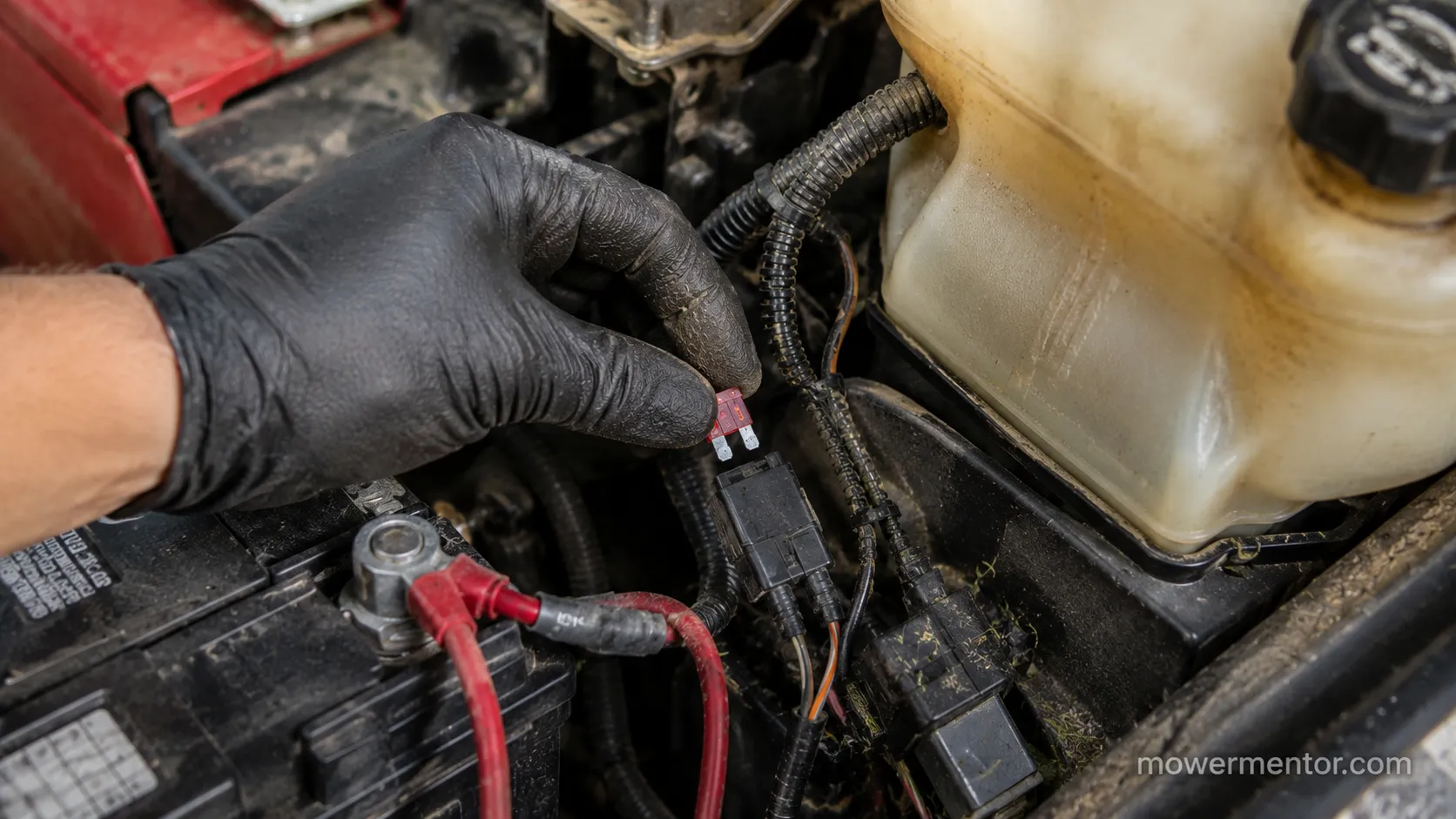 riding lawn mower main fuse location in an in-line holder near the battery