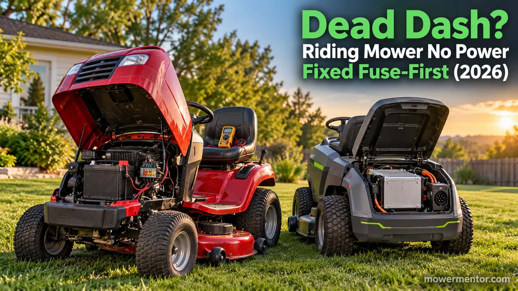 Gas and battery-electric riding mowers with no power, hoods open for electrical diagnosis