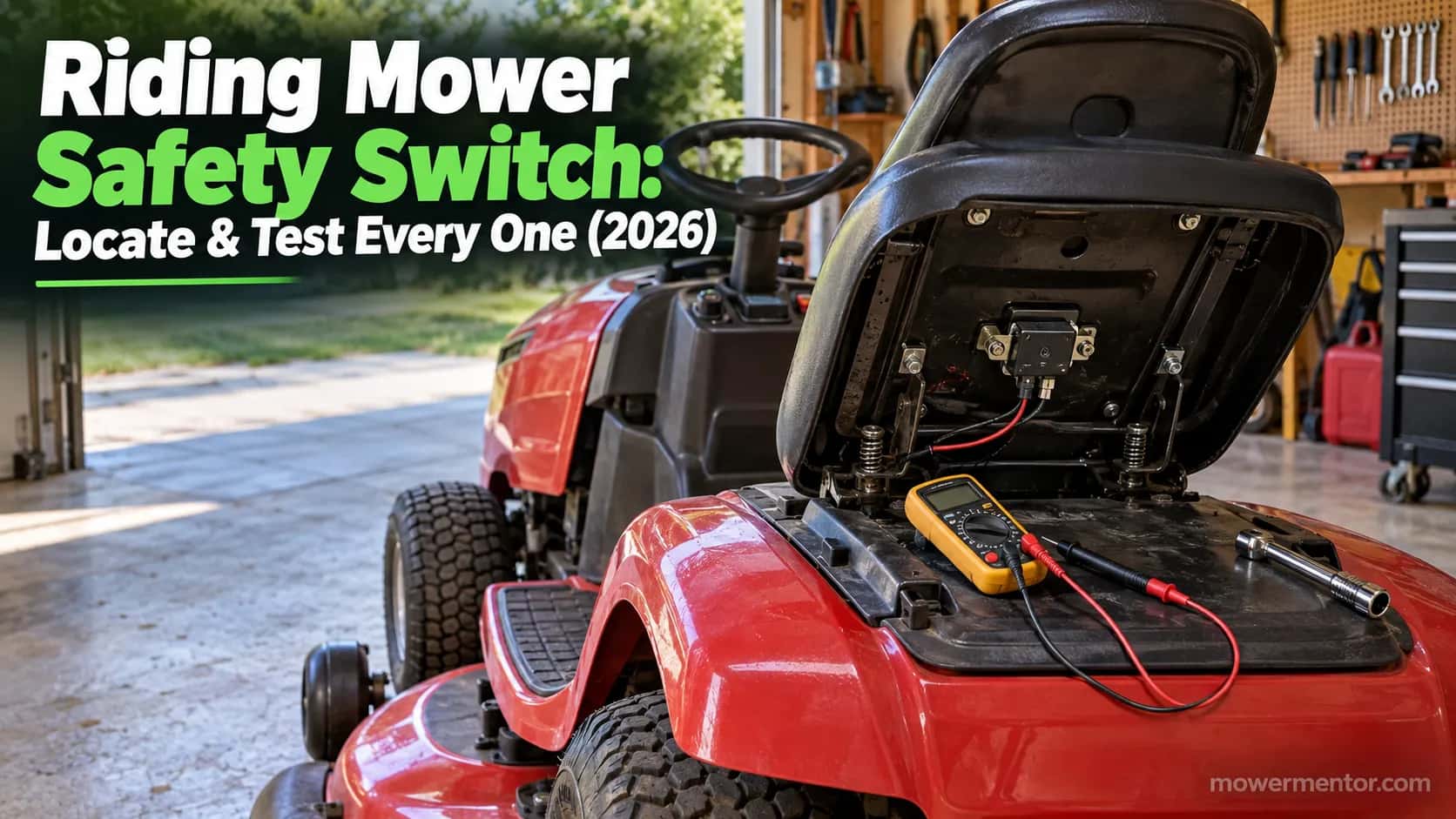 riding mower safety switch being tested with a multimeter under the tilted seat