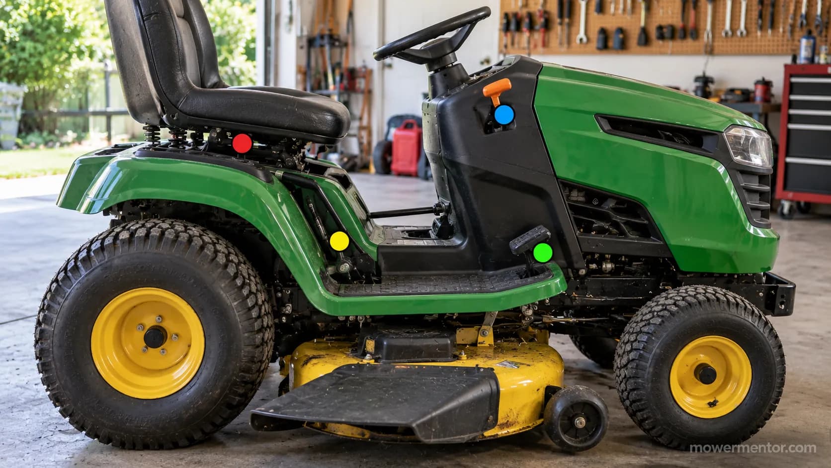 riding mower safety switch location diagram showing seat, brake, PTO and reverse switches