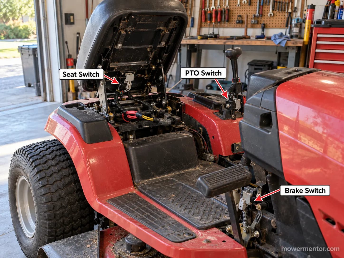 riding mower seat, brake and PTO safety switch locations labeled