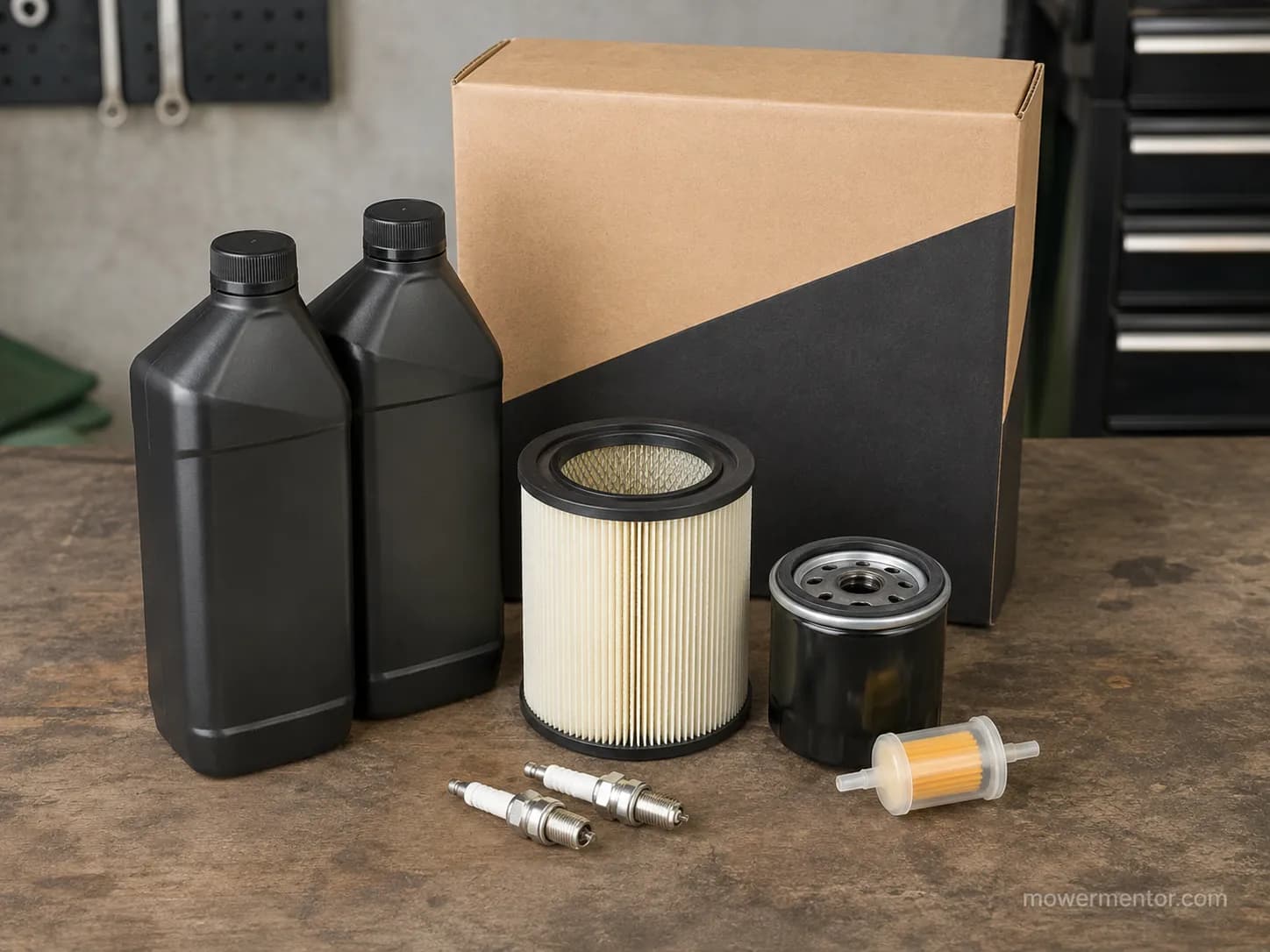 Riding mower service kit with two oil bottles, cylindrical air filter, oil filter, inline fuel filter and two spark plugs on a workshop bench.