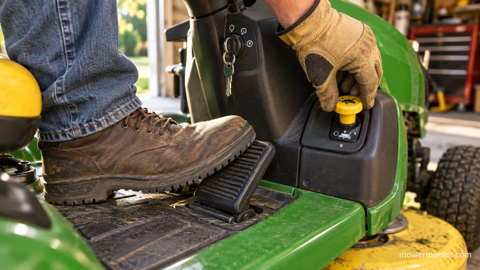 Pressing the brake pedal and disengaging PTO to start a riding lawn mower.