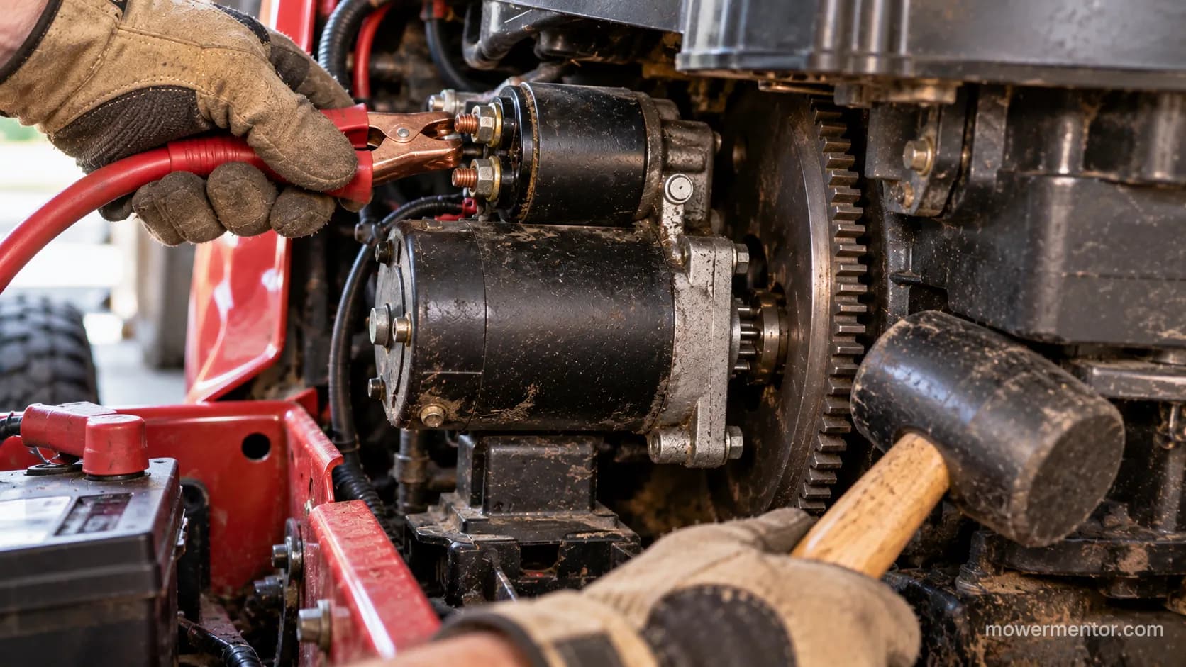 Testing a riding mower starter by jumping the lug and tapping the Bendix.