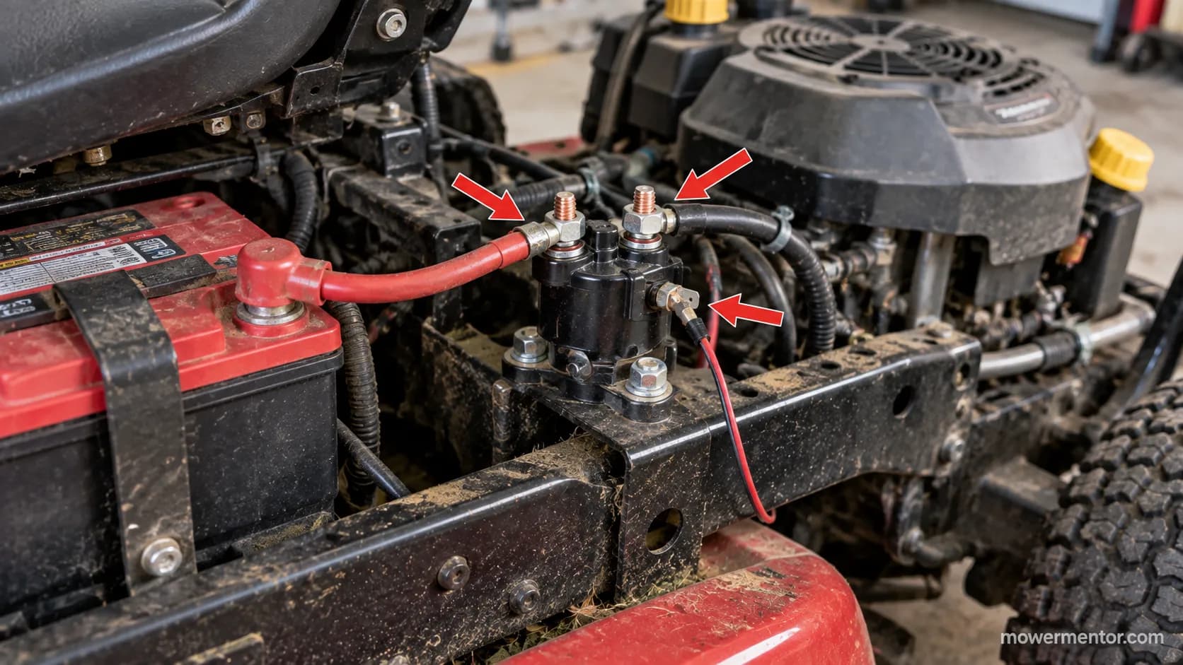 starter solenoid mounted on a riding mower frame near the battery
