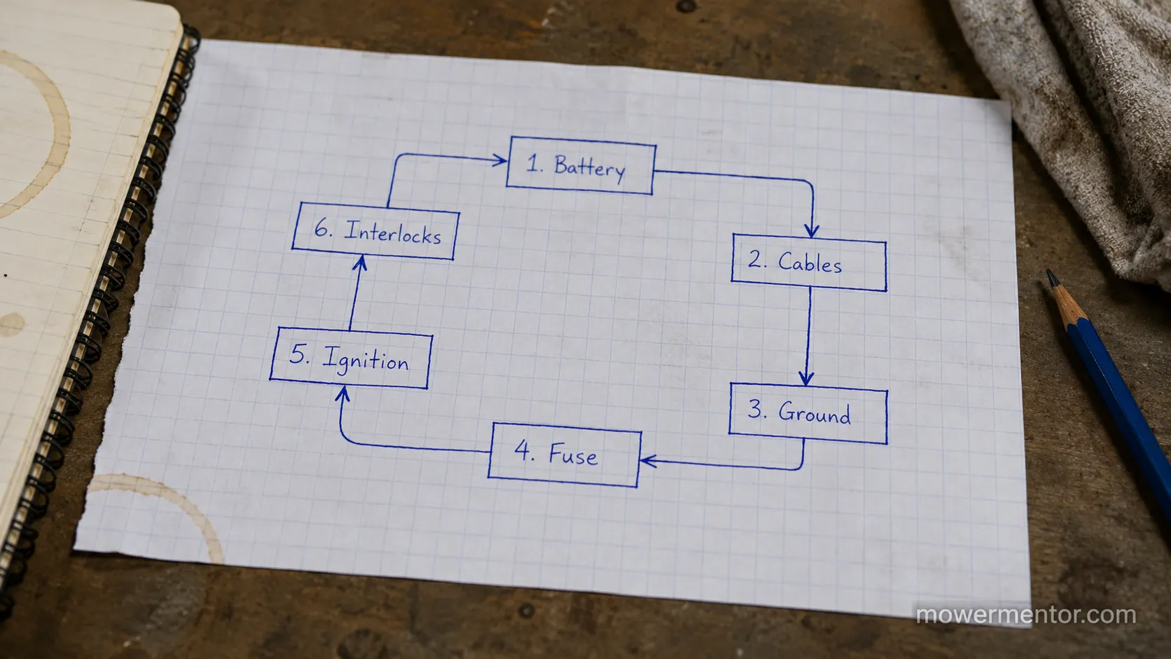 riding mower starting circuit diagram showing battery ignition interlock solenoid starter loop